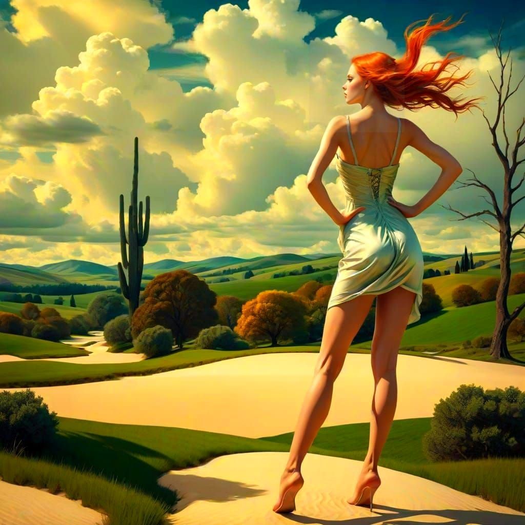 Elegant Lady in Surrealistic Dreamscape