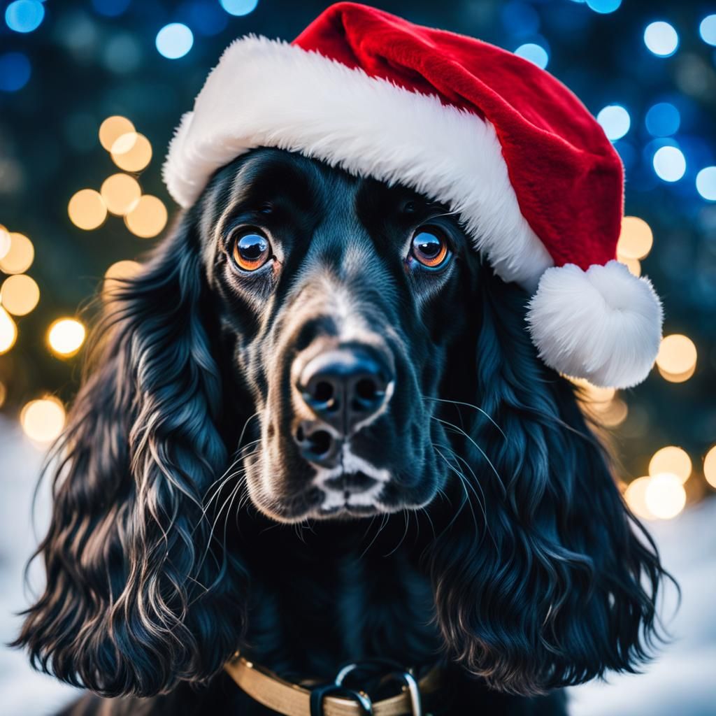 A cocker spaniel (blue roam) with droopy eyes and a Christma...