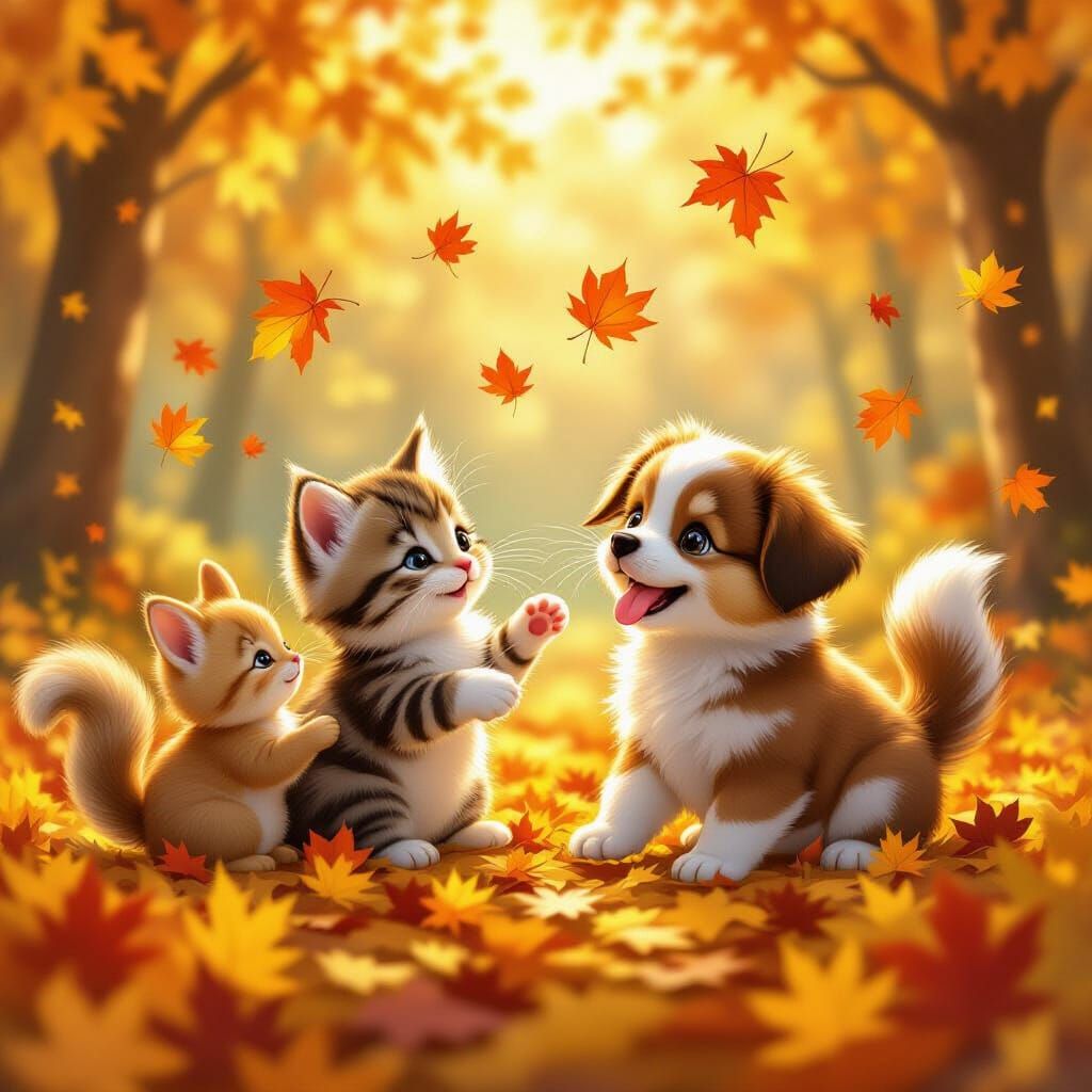 Adorable baby animals playing together in a forest filled with vibrant autumn leaves, golden sunlight ...  by @Tiger princess 