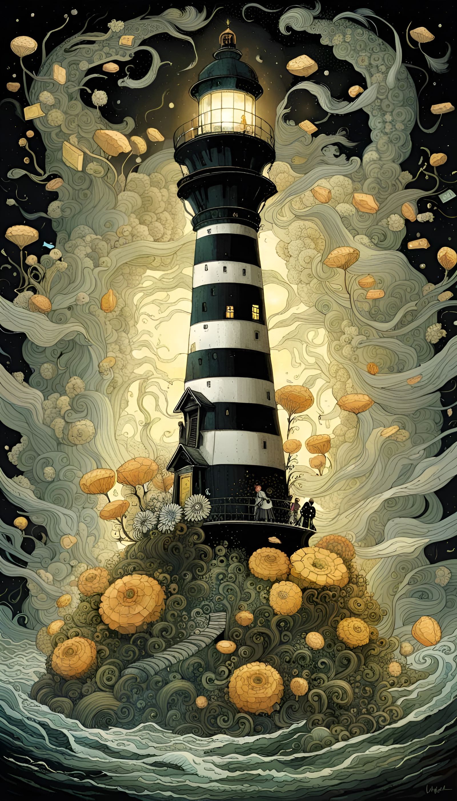 Cheese made Lighthouse in sea of mouldy cheese waves, spirals, flowers