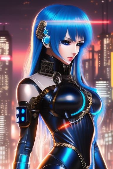 “ Beautiful cyber punk style anime cartoon  💙💎🖤 ” 3/4 bod...