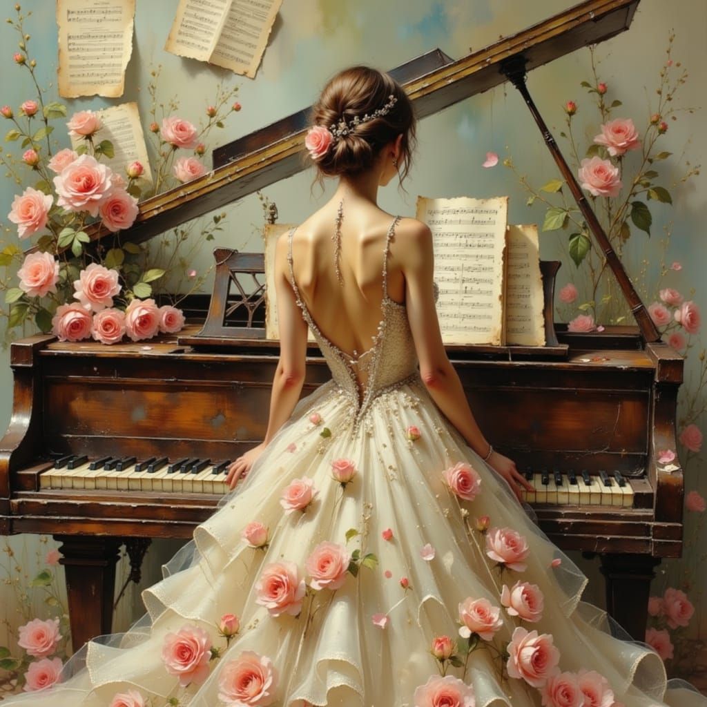 An elegant woman in front of a piano  by @sunshine33