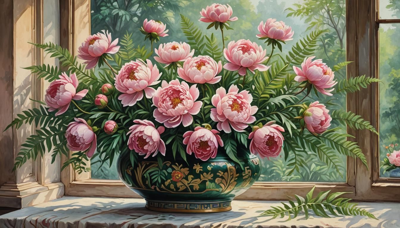 "Peonies and green ferns"