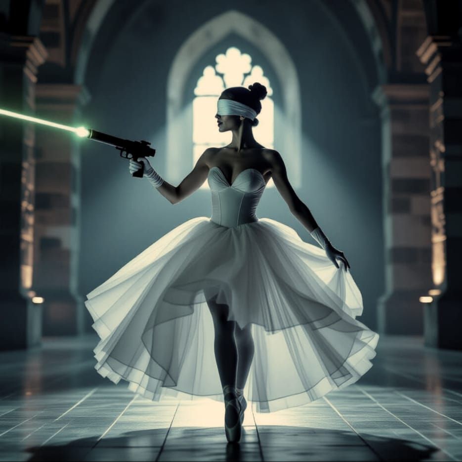 Blindfolded ballerina in white outfit with a lasergun dancing in a castle