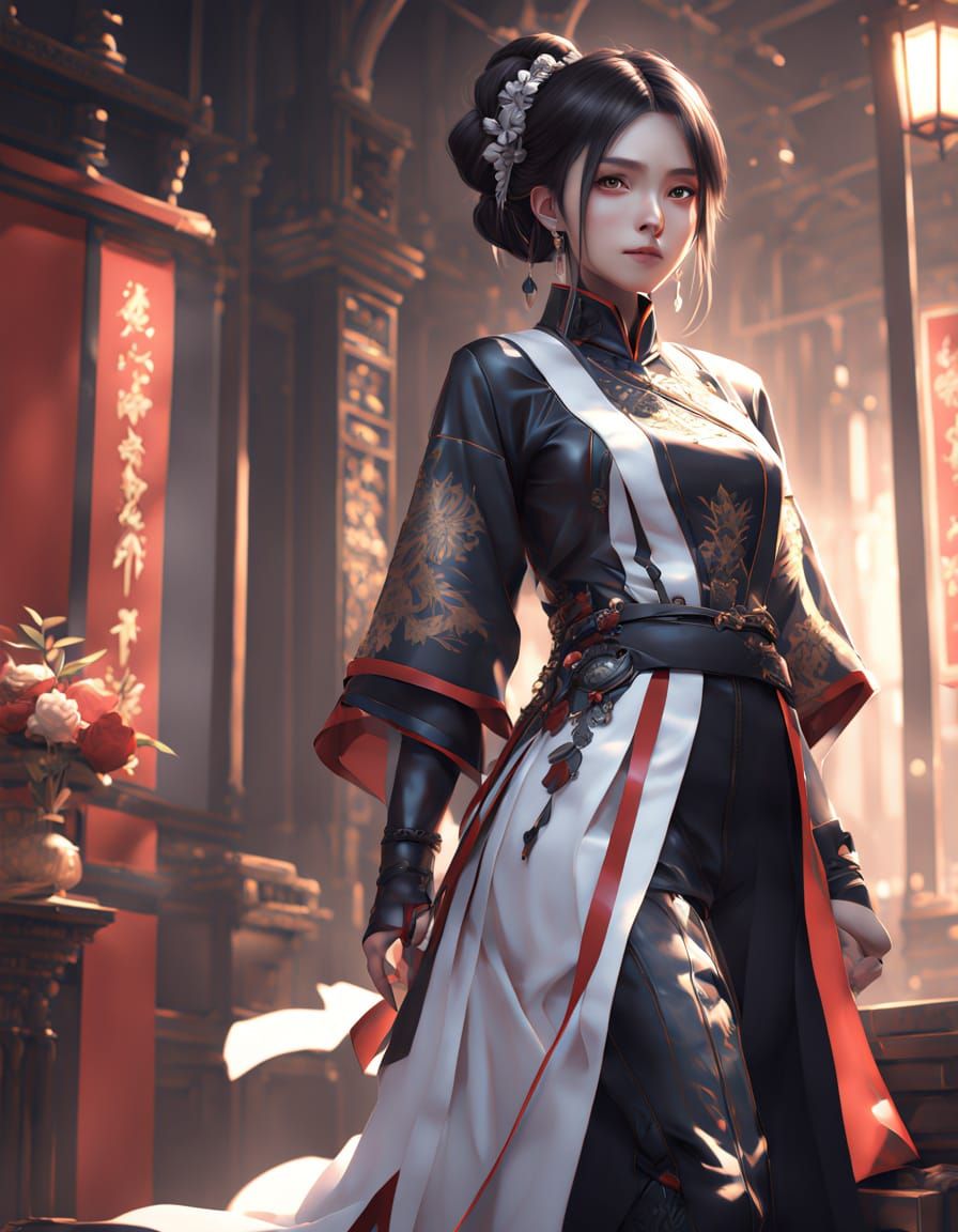 Elegant Woman in Regal Qipao Dress with Long Black Hair