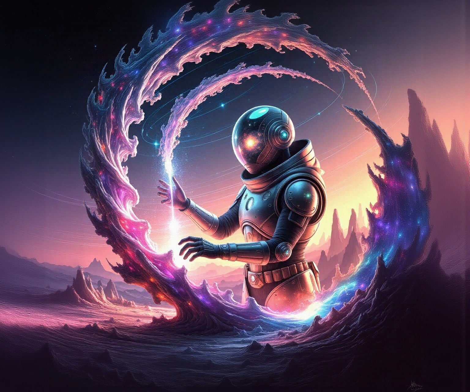 A cosmic soldier with eyes like distant galaxies, designing impossible structures in the void. The architect's hands glow with celestial ene...