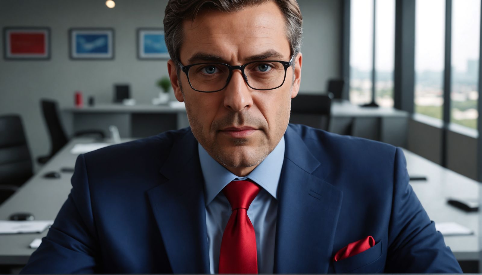 A corporate executive boss with a blue business suit and a r...