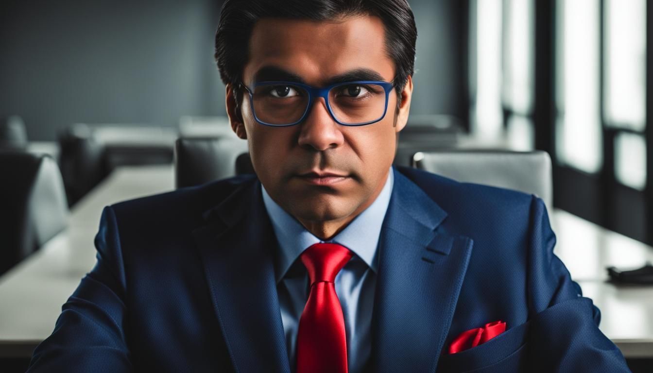 A corporate executive boss with a blue business suit and a red tie.