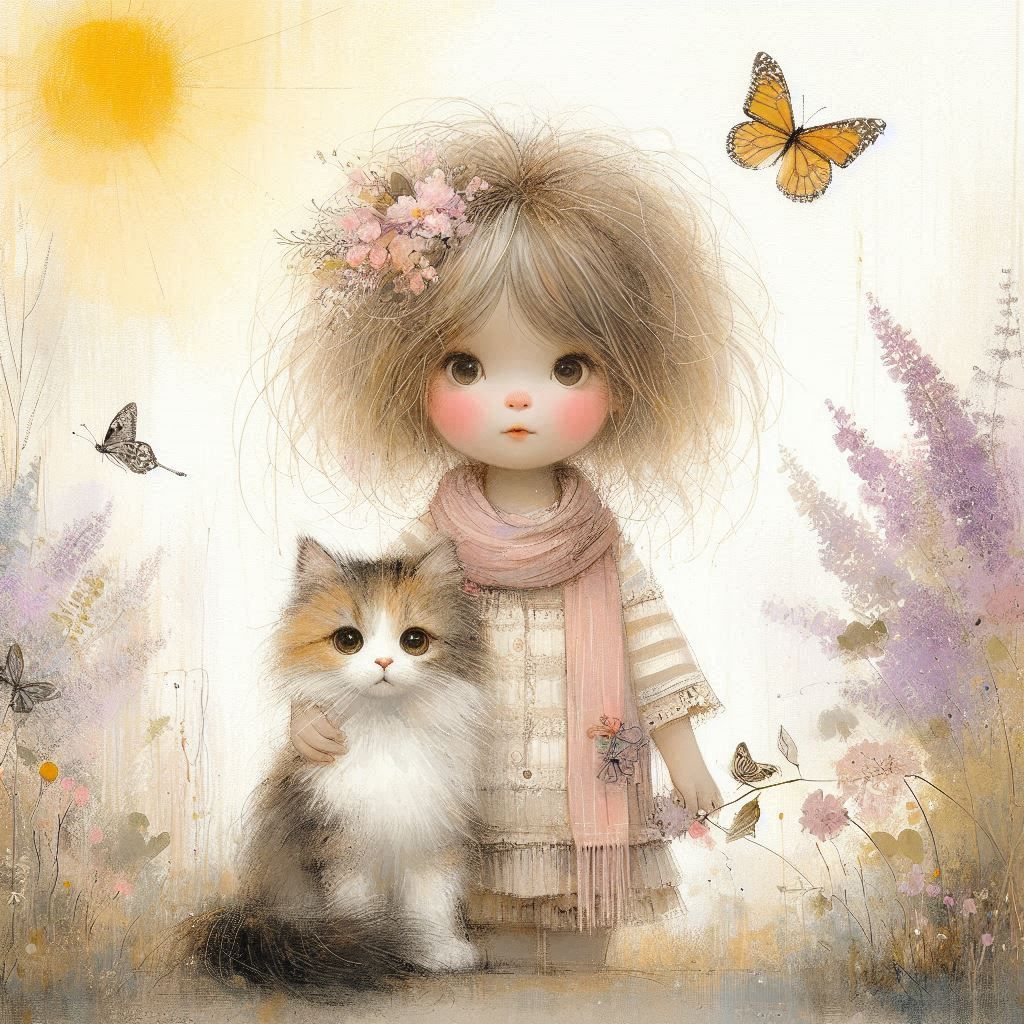 portrait little girl and cat. minimalist painting.