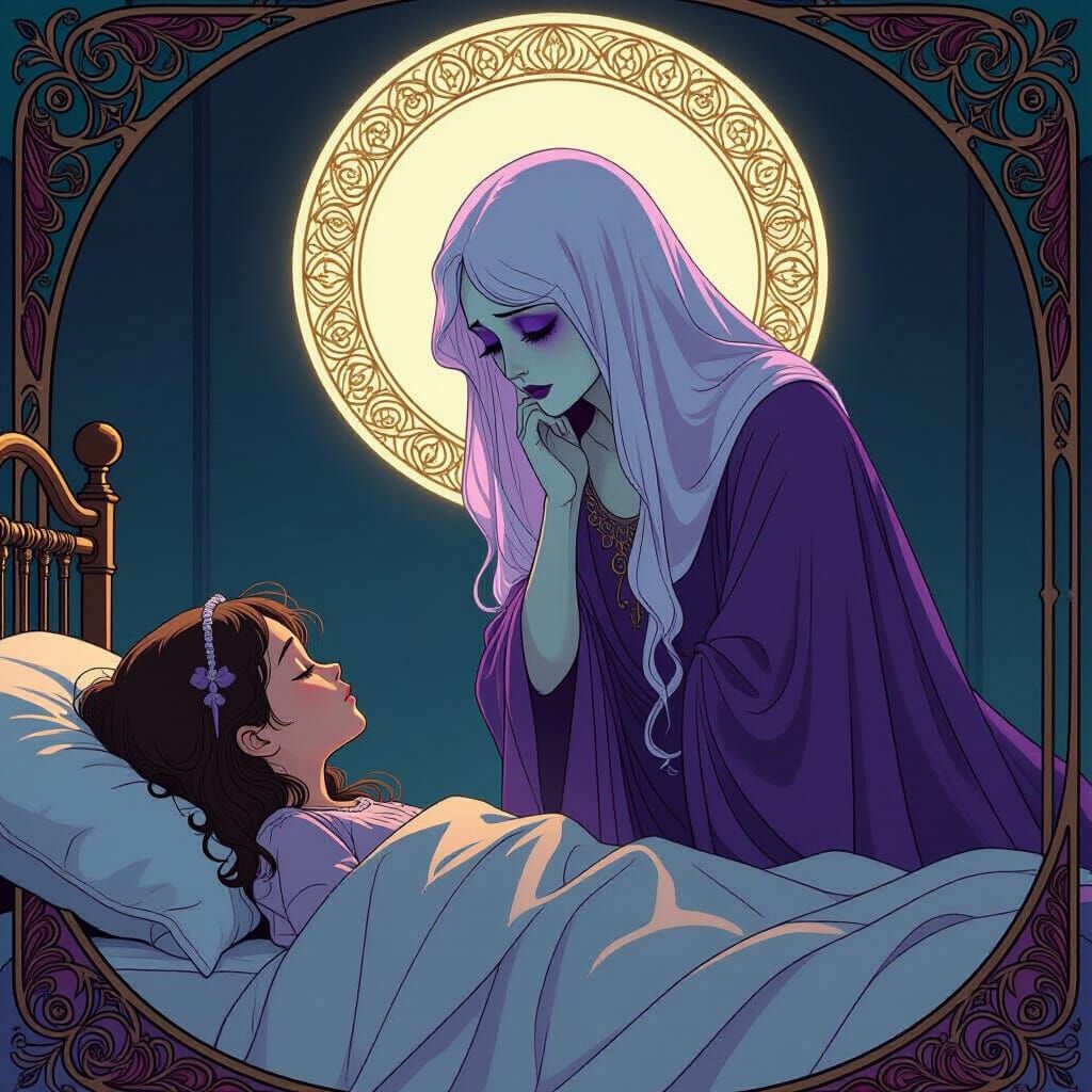 Ethereal Ghost Over Sick Child, Art Nouveau Style