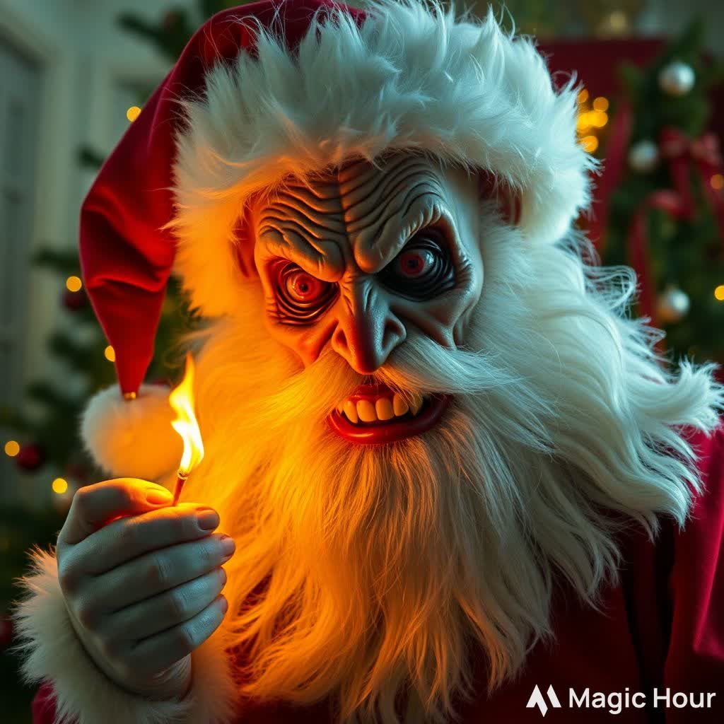 Creepy creation of an evil pyromaniac Santa Claus with an un...