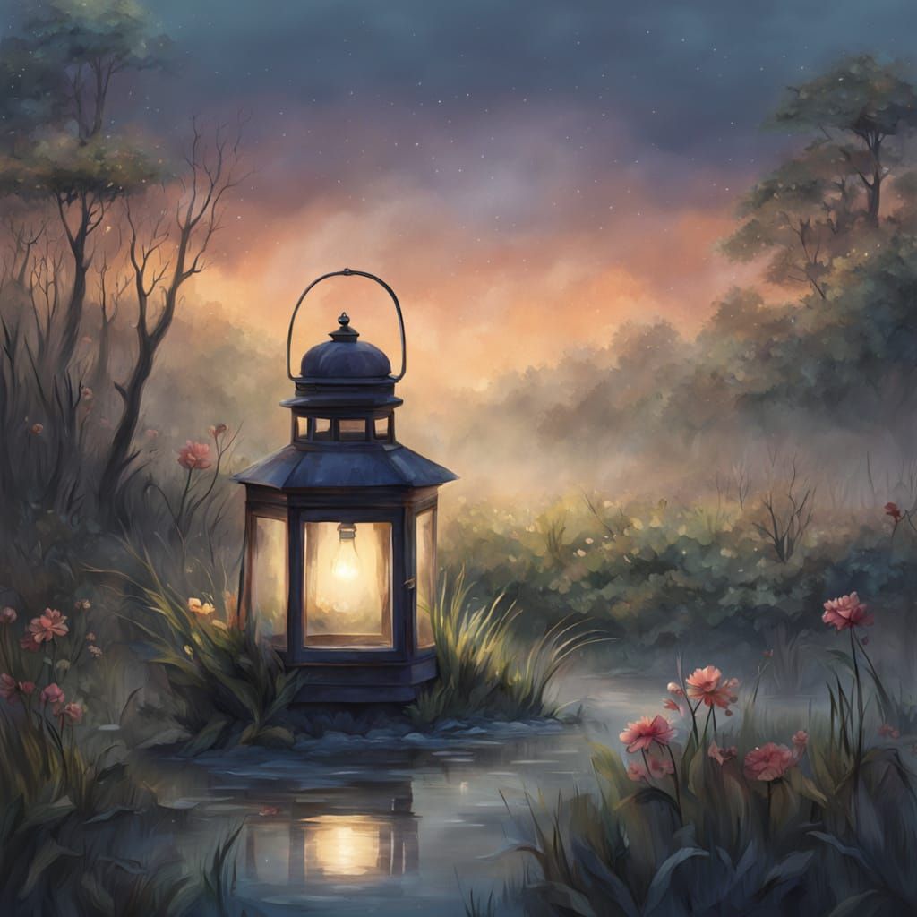 A lone, ancient lantern hangs suspended by unseen forces amidst a dense, misty swamp. Luminescent flowers ...  by @Mila K