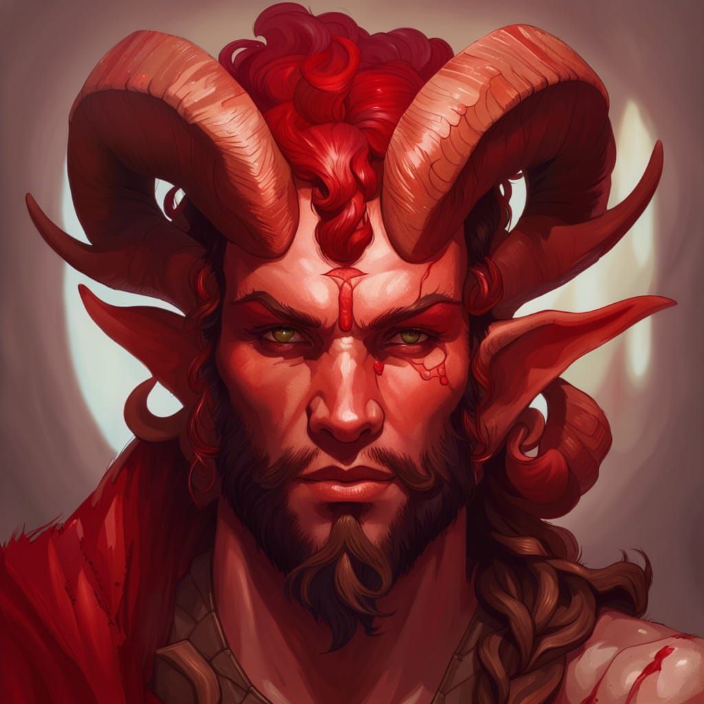 masculine tiefling dnd art portrait red skin ram horns good lighting ...