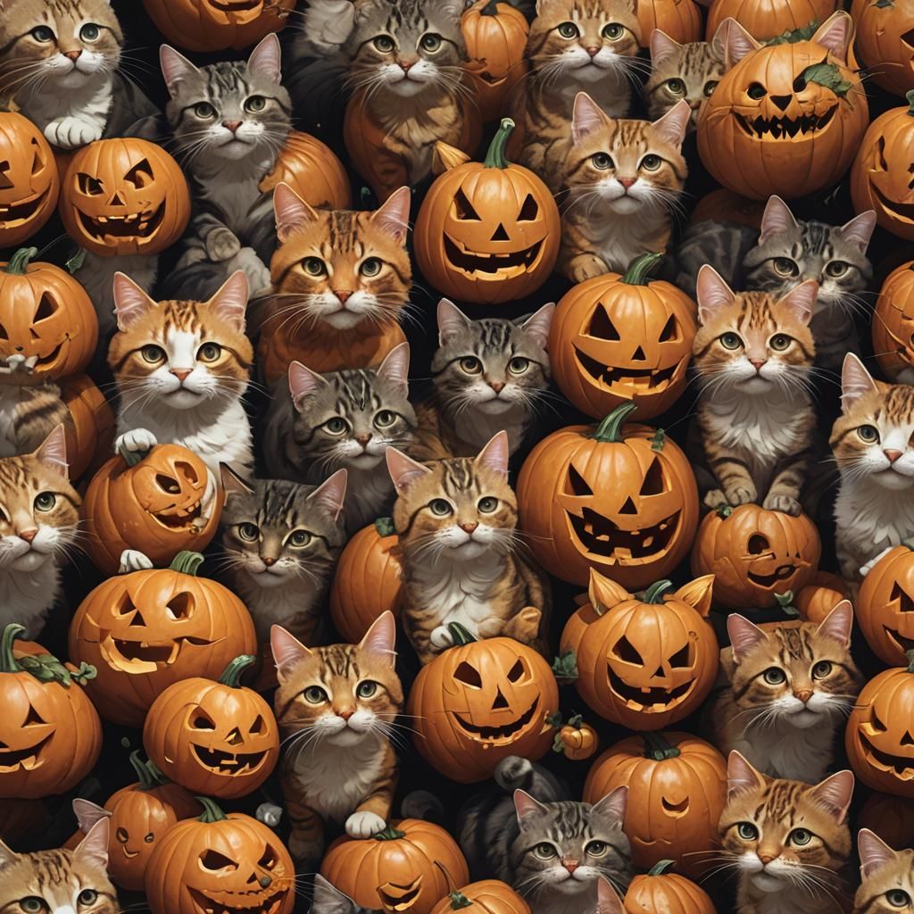close up of cute cats in a jack-o-lantern