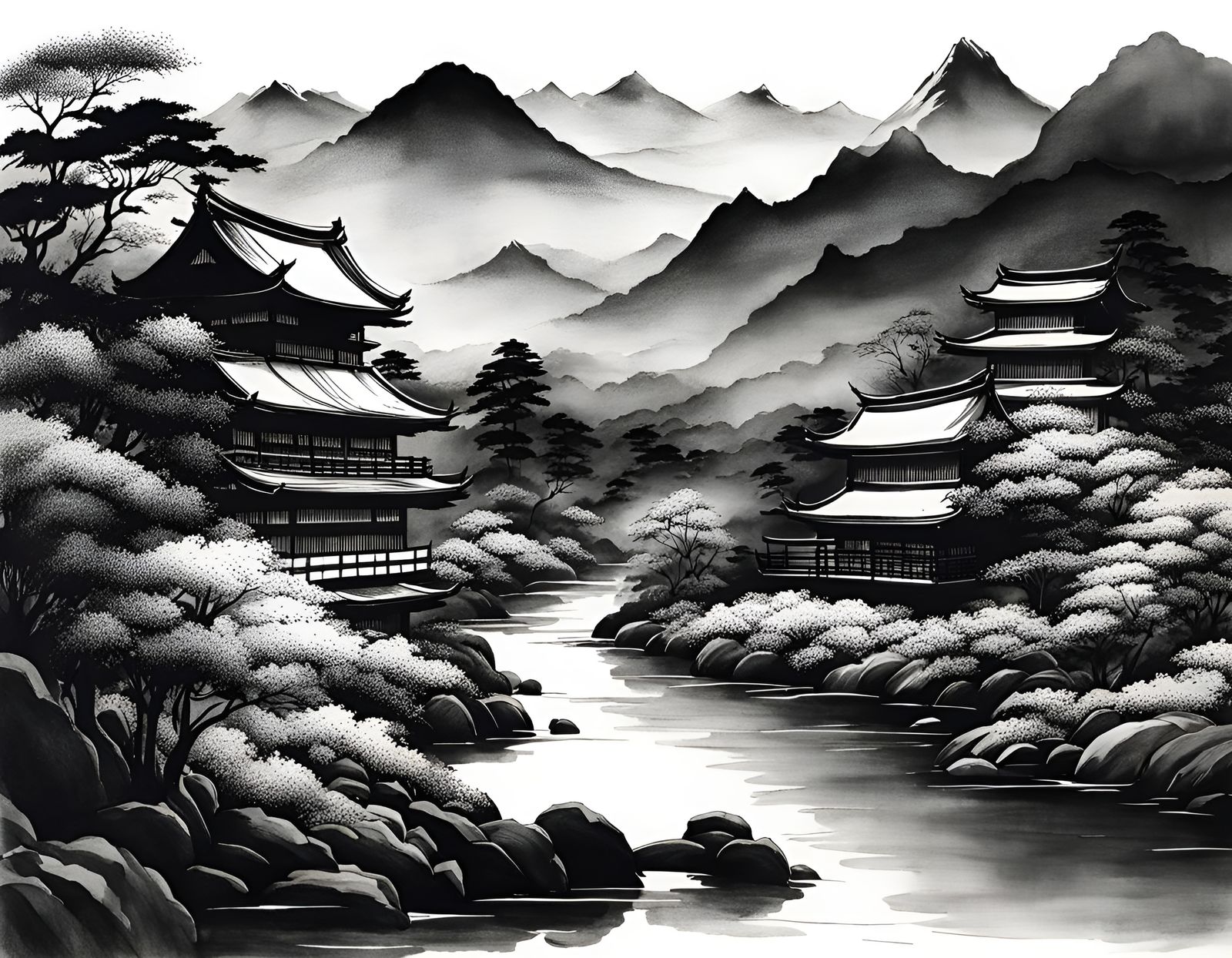 Black and White Japanese Landscape 11 - AI Generated Artwork ...