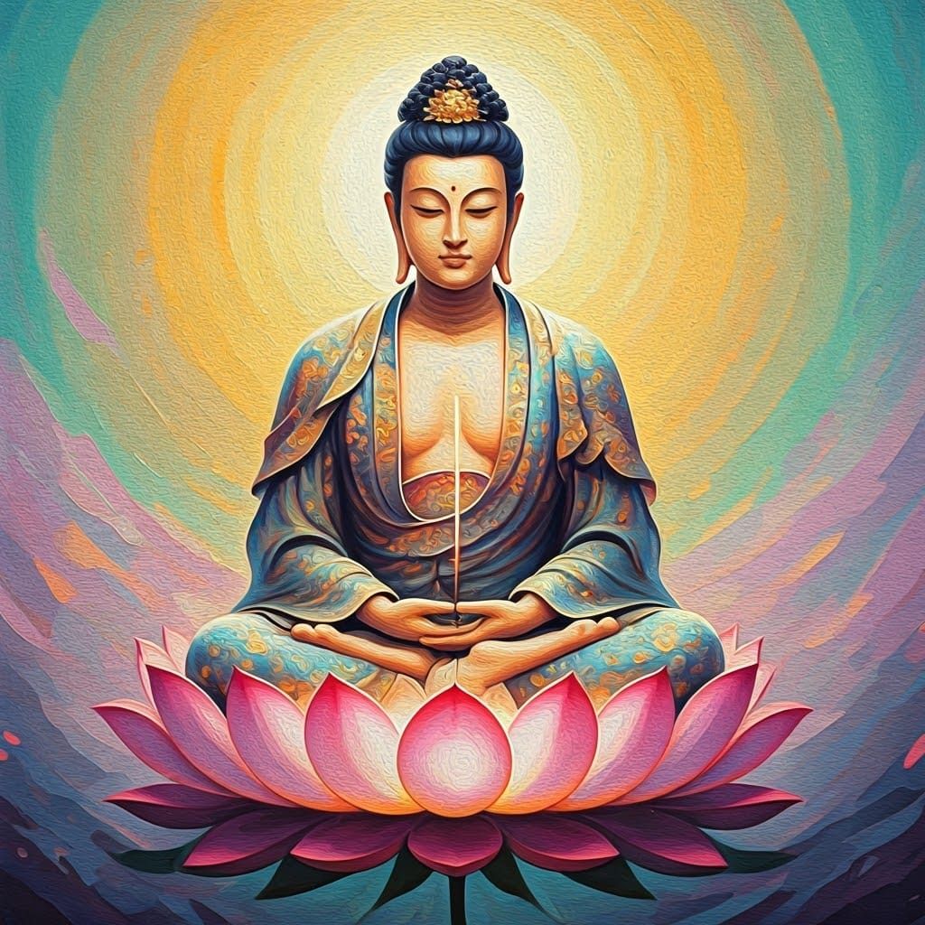 Benevolent Deity on Lotus Flower in Post-Impressionist Style