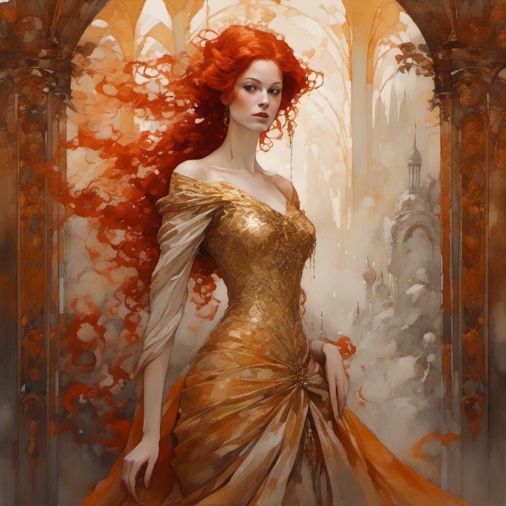 <lora:Soft:1.0> a red haired woman in a gold dress, in the s...