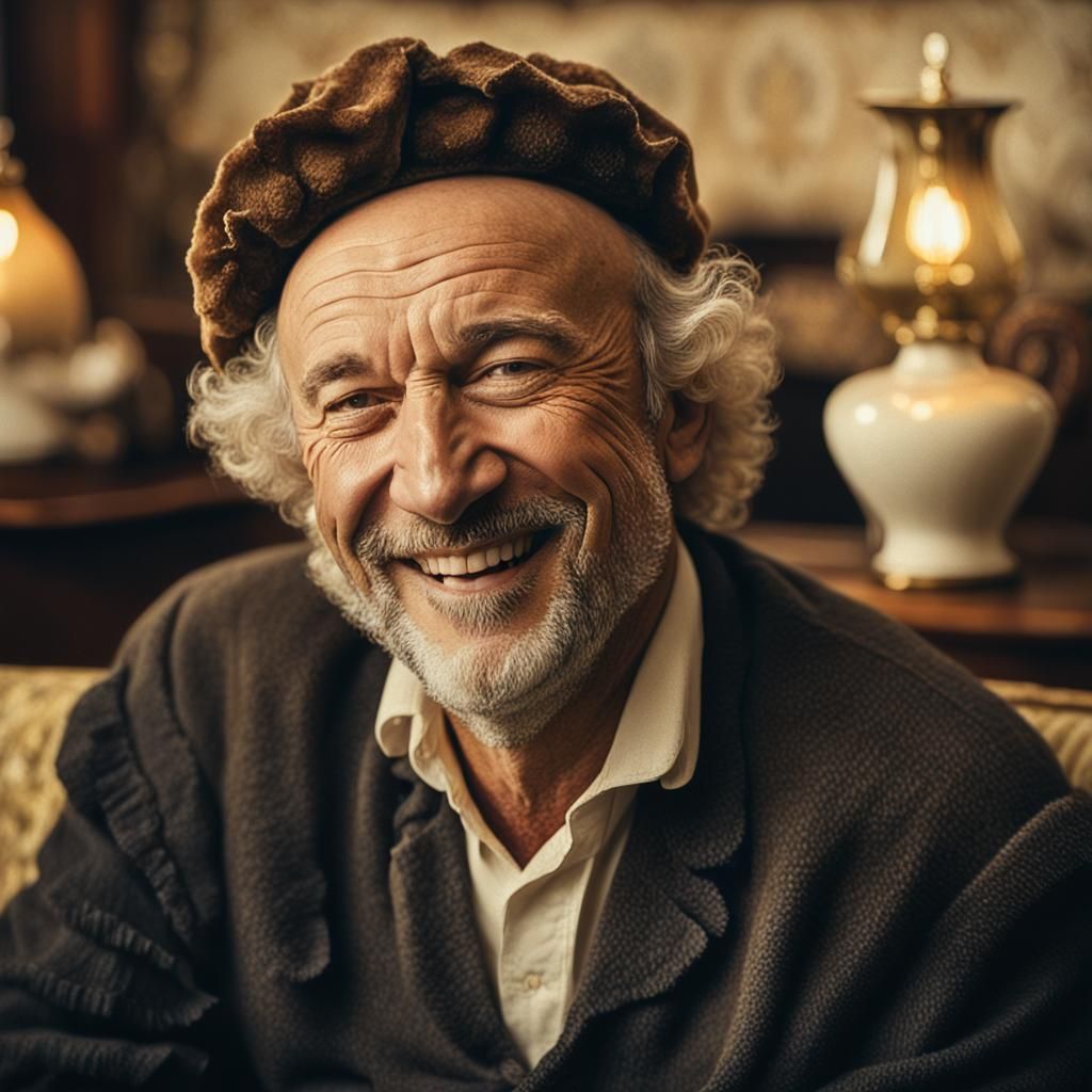 Joyful Man in Antique Living Room: Impressionist Portrait