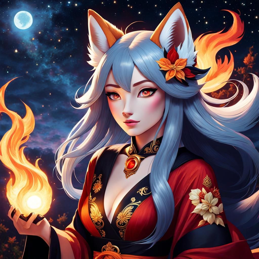 <lora:Dusk3:1.0> <lora:Macabre:1.0> an adorable    kitsune W...