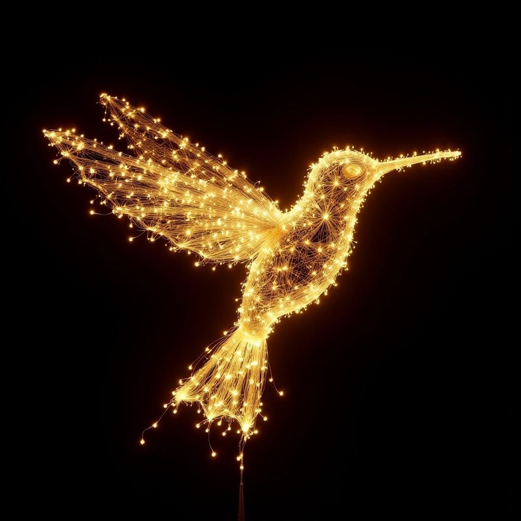 <lora:Fairy Lights:1.0> An image representing the ethereal silhouette of an elegant hummingbird, formed from an enchanting and dynamic array...
