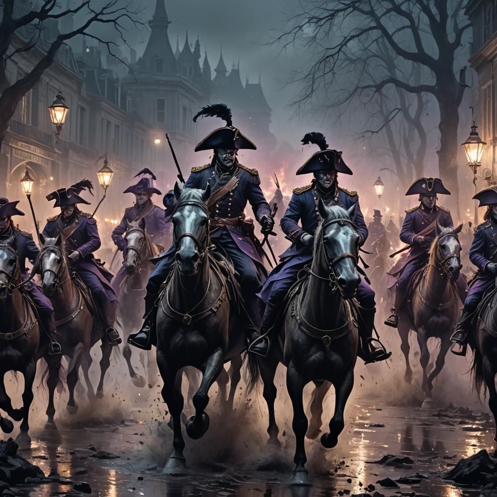 Undead ghoulish soldiers dressed in Louis XV style, dark col...