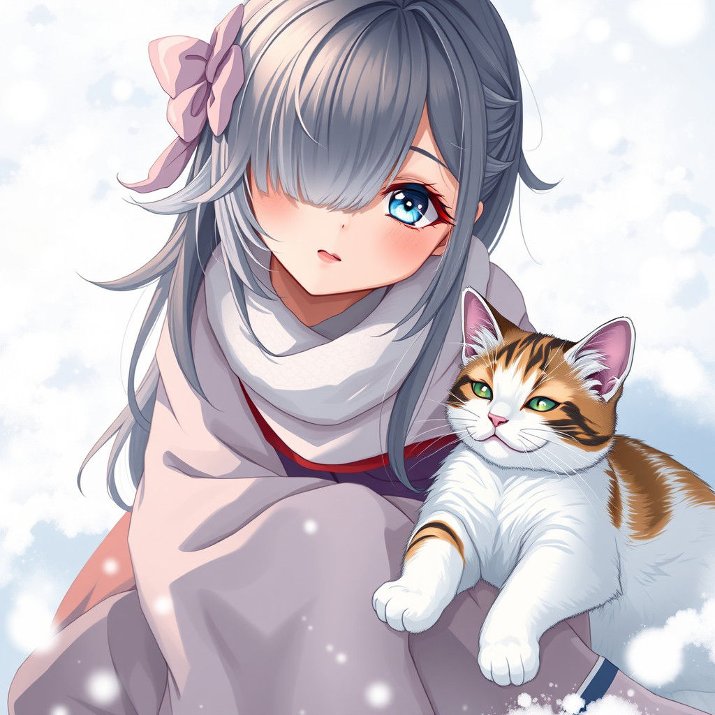 Girl and Calico Cat in Kyoto Anime Style