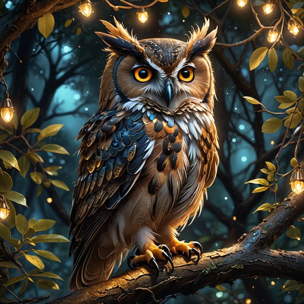 close-up photo, cute bright happy dreamy owl sitting on a tree branch, detailed feathers, shiny night, leaves, ethereal, looking at the came...
