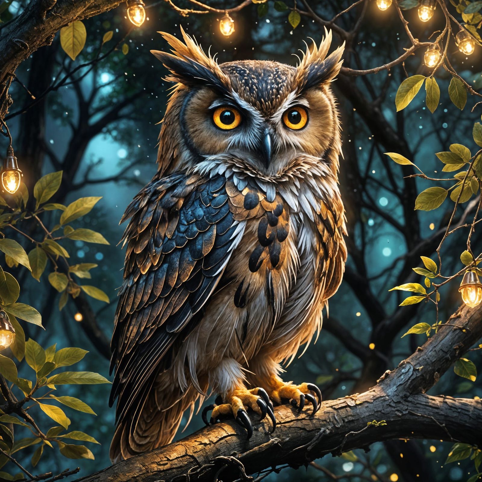 close-up photo, cute bright happy dreamy owl sitting on a tree branch, detailed feathers, shiny night, ...  by @Alvija