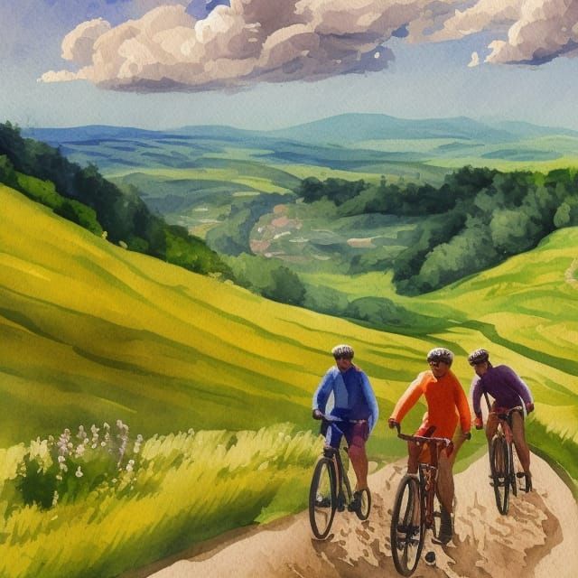 Best friends cycling hillside England in Gouache Style, Wate...