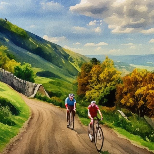 Best friends cycling hillside England in Gouache Style, Wate...