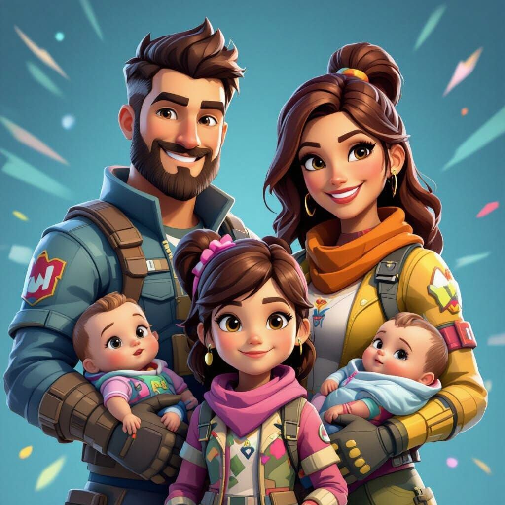 a family consisting of a dad mom and 7 year old girl, 2 year old girl and 6 month old girl, rendered in the style of a fortnite characters