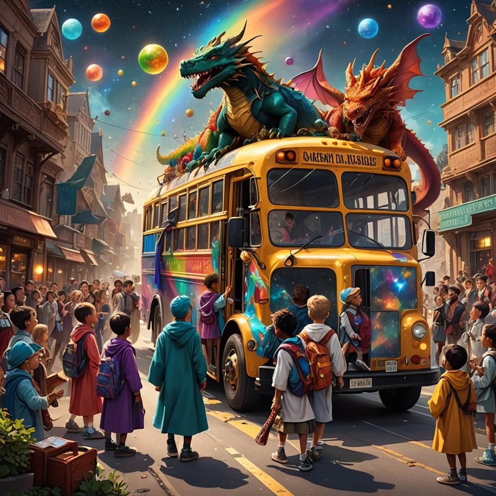 Cute wizard boy   in oversized  starry robes getting off rainbow school bus dragon at school with other magical children , first day of scho...