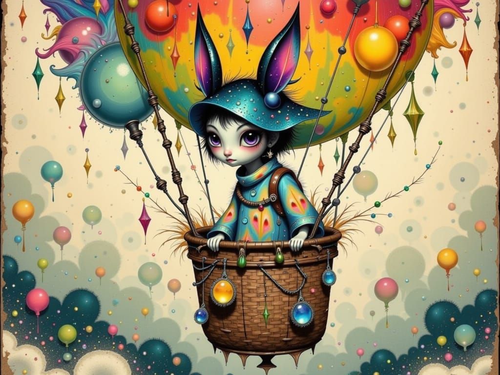 Woodland creature fae, draped in flowing, embroidered garments, standing in a vibrant hot air balloon with leather strap...