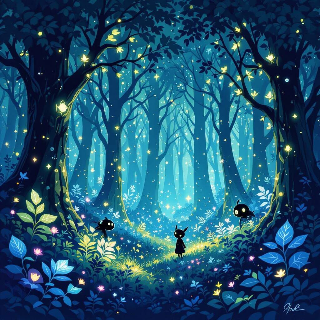 A majestic, bioluminescent forest at night, where the trees have crystalline leaves that emit a soft, ethereal glow. Strange, gentle creatur...