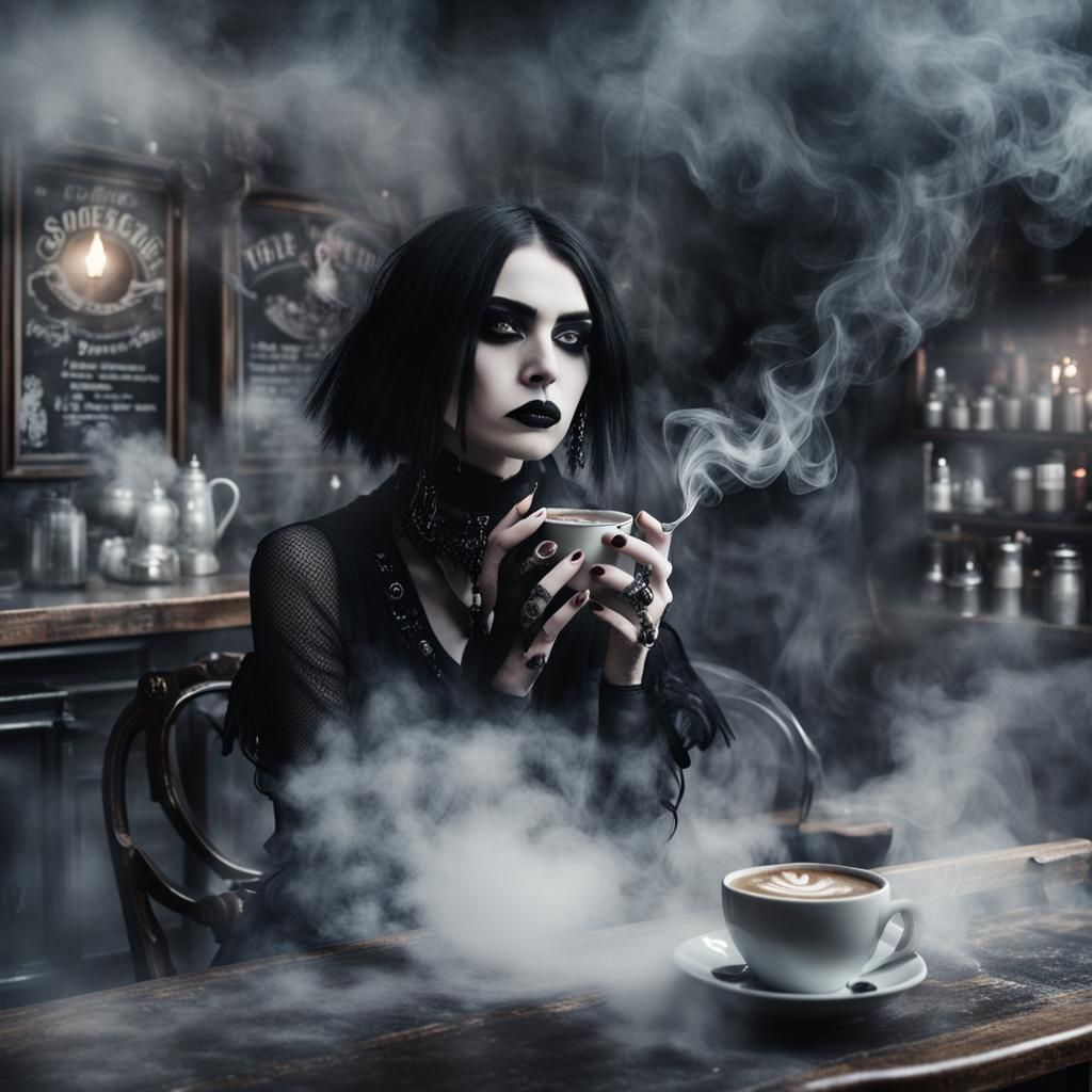 female goth fashion model. goth coffee shop. smoke. fog.