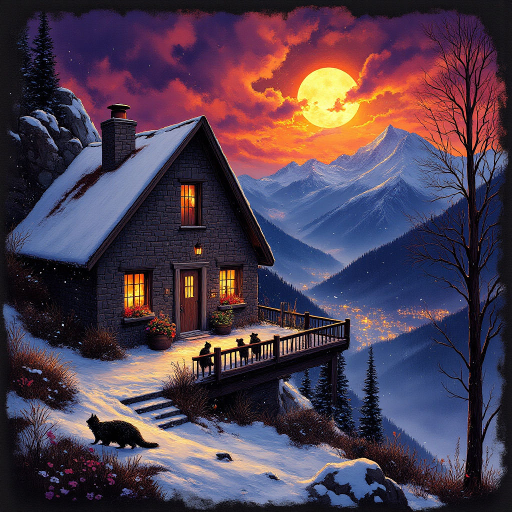 Rustic Stone Cabin with Raccoons #3