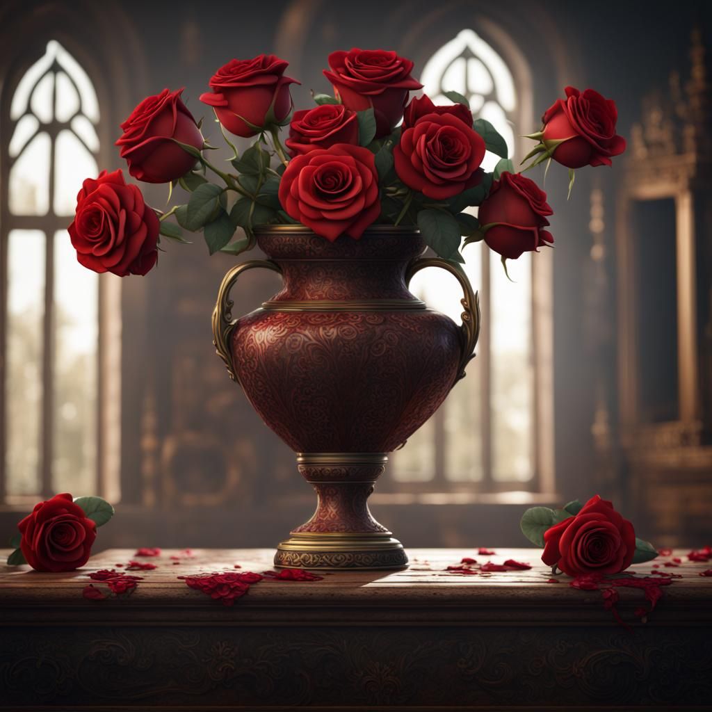 red roses in a antique vase sitting on a table