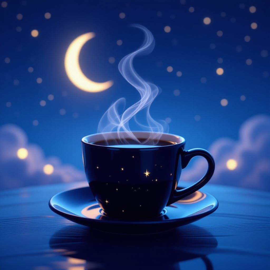 Steaming Coffee Cup with Moon and Stars Reflection