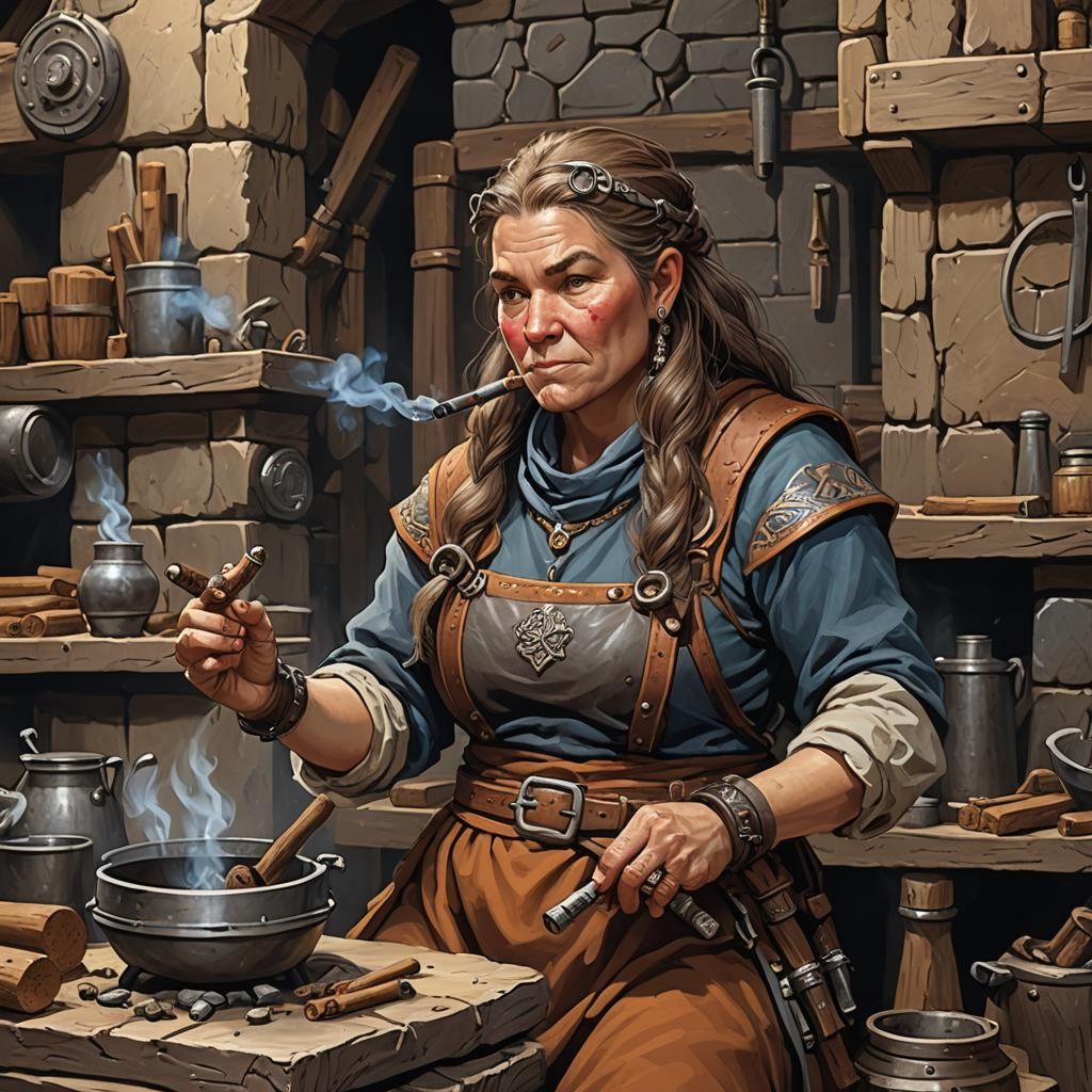 Female Dwarven blacksmith smoking cigar