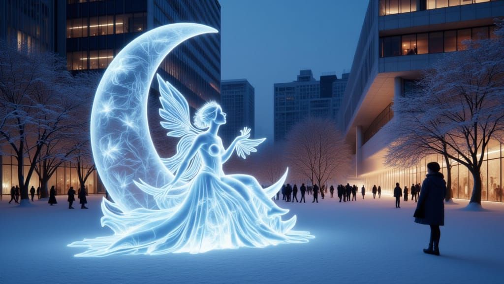 stunning transparent ice sculpture of a transparent ice princess sitting on a transparent ice crescent moon placed in a citypark with snow o...