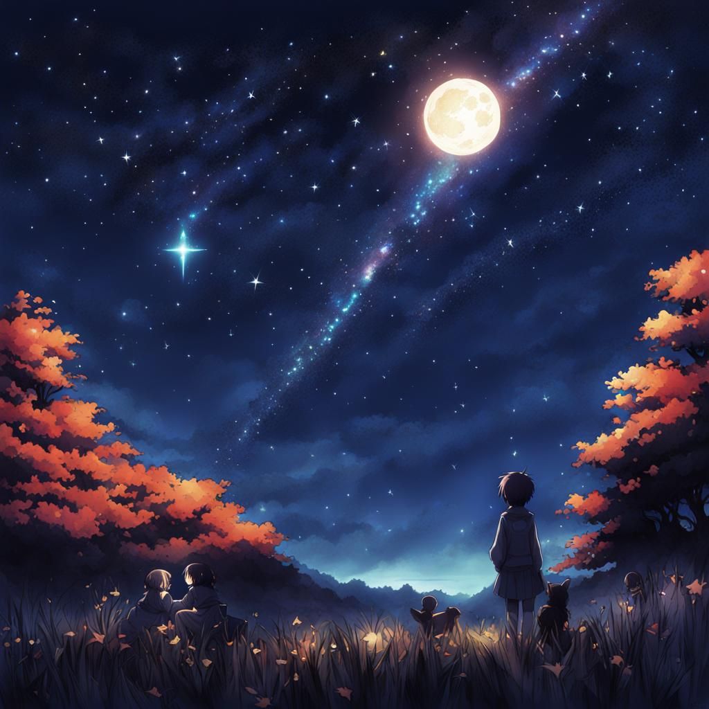 A scary night sky filled with stars and a beautiful comet