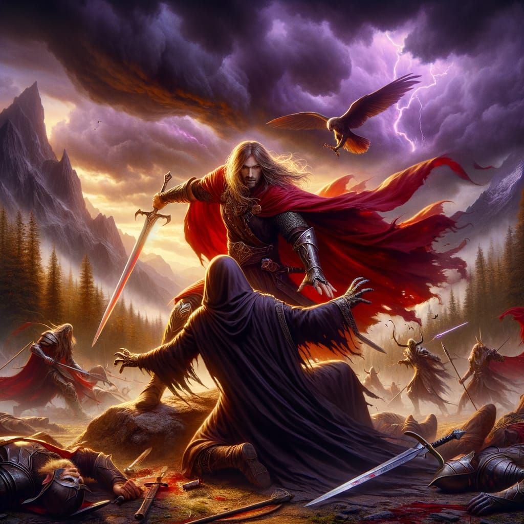 A photorealistic image set in a fantasy battlefield. A Cauca...