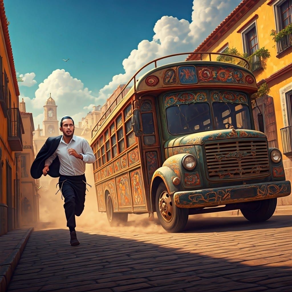 Orthodox Man Chases After Ornate Bus in Vibrant Cityscape