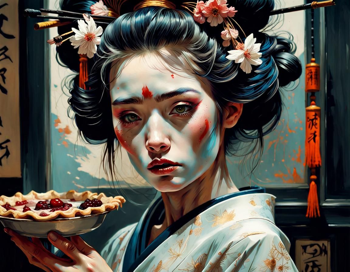 Traditional Stunning Geisha With Great Delicious Pie In Japanese