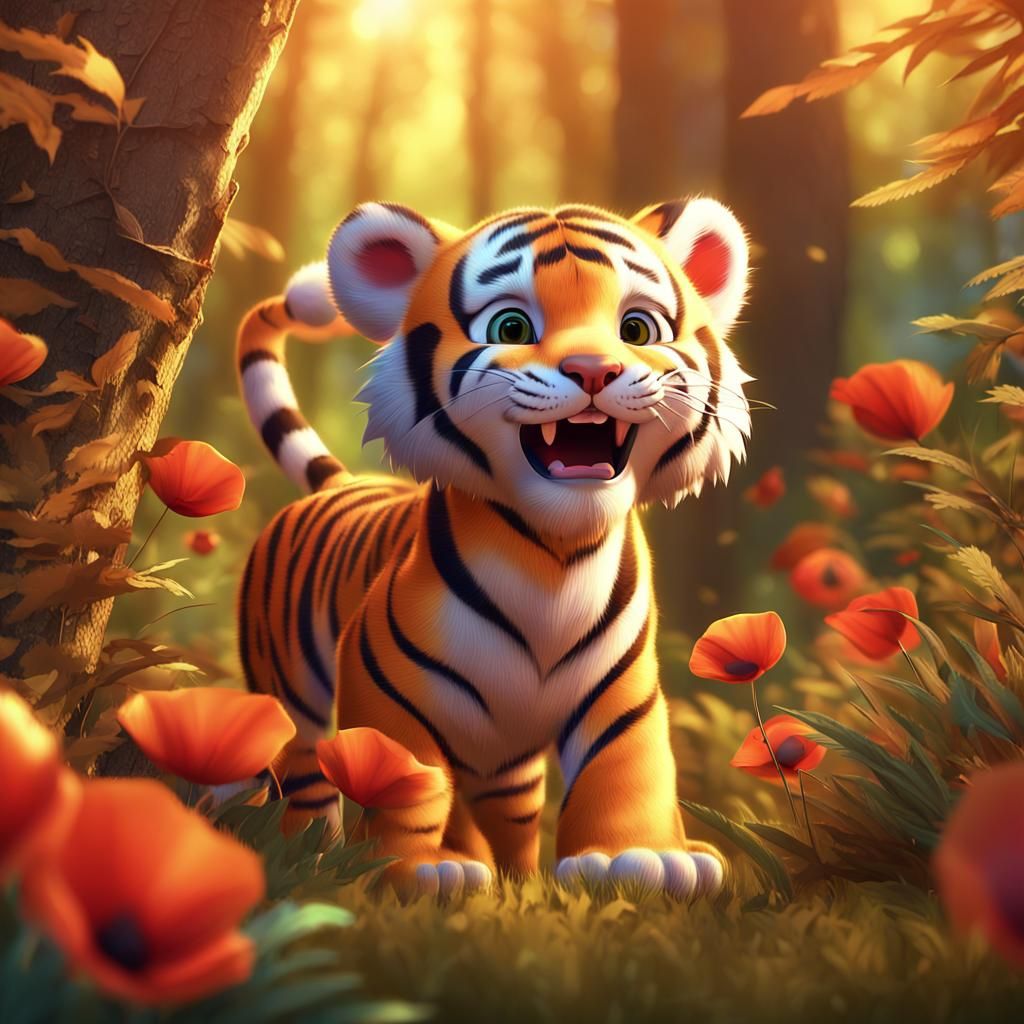 Tiger cub happily playing in the forest with its' new friend