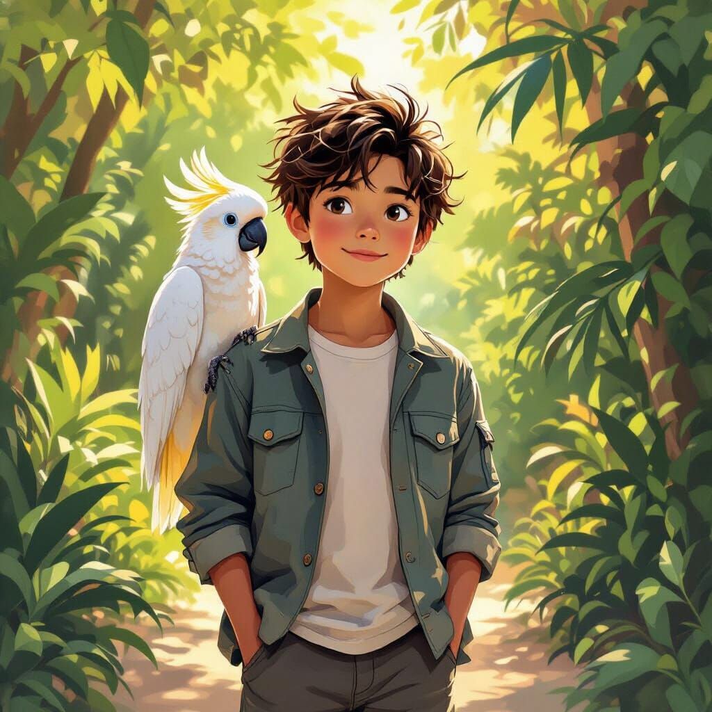 Boy with Cockatoo in Lush Greenery