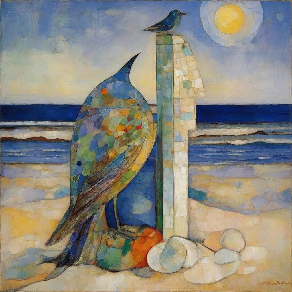 beautiful bird sitting on a shell-covered post on the beach,...