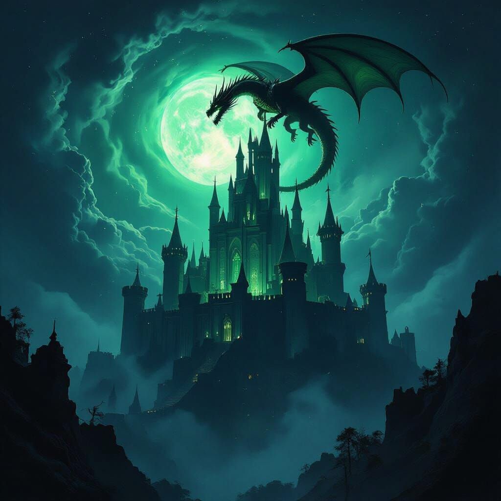 Ganon's fortress at night with dragon overhead