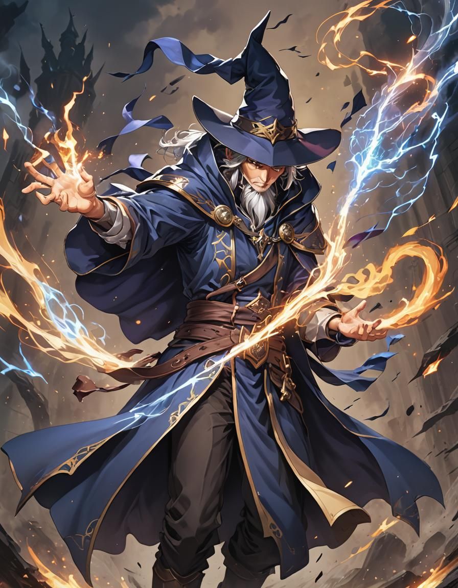 A male wizard casting a spell in combat Masterpiece, Best Qu...