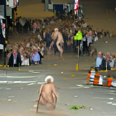 Old naked man with an erection chasing a crowd of fleeing pe...